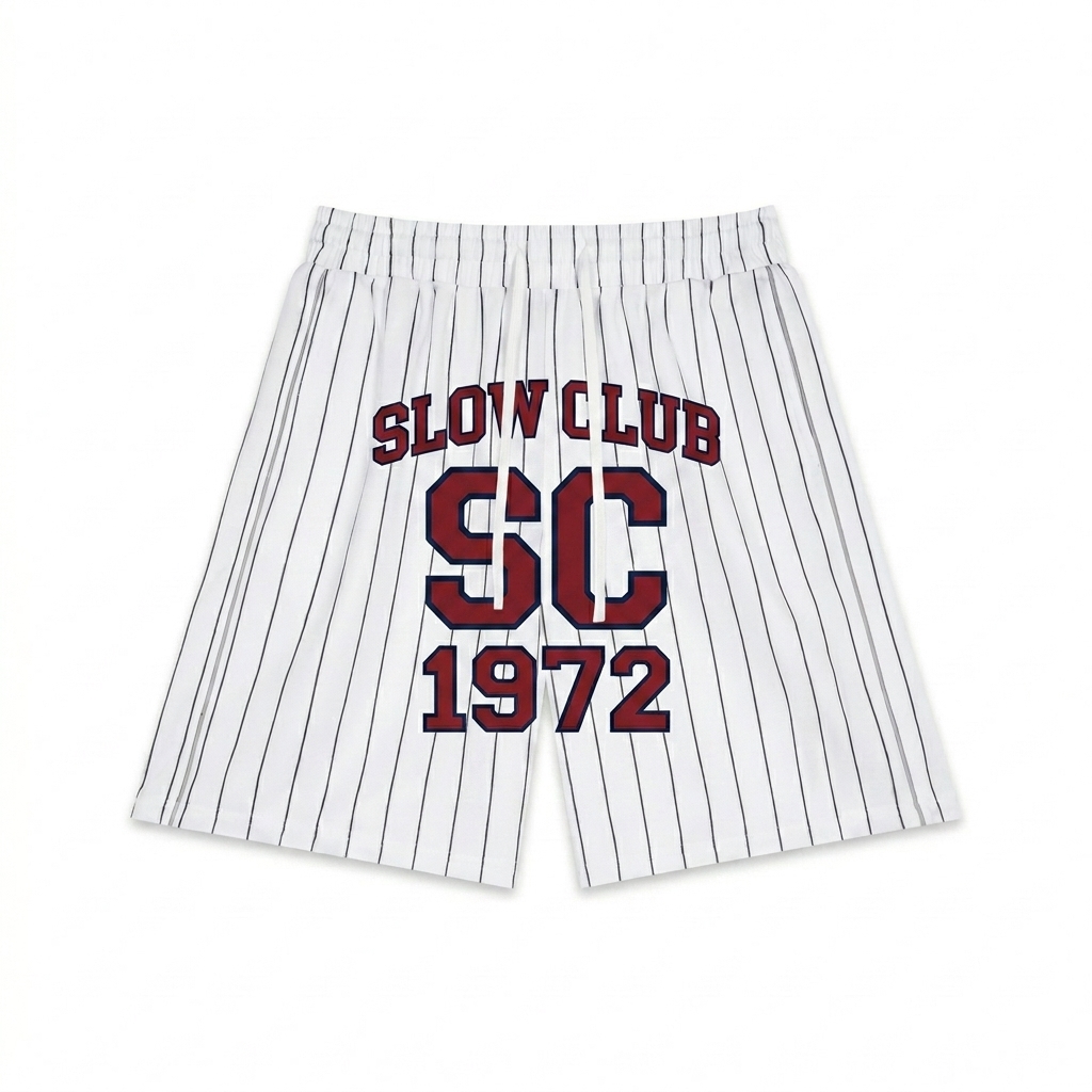 Custom Unisex Striped Loose Fit Shorts design direction 3: Retro Collegiate Emblem featuring the SLOW CLUB wordmark