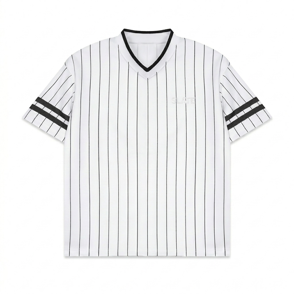 Custom Unisex Striped V-Neck T-Shirt design direction 1: Tonal Minimalist Wordmark featuring the SLATE wordmark