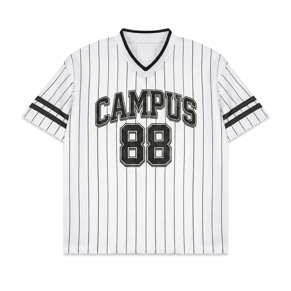 Custom Unisex Striped V-Neck T-Shirt design direction 2: Retro Collegiate Graphic featuring the CAMPUS 88 wordmark