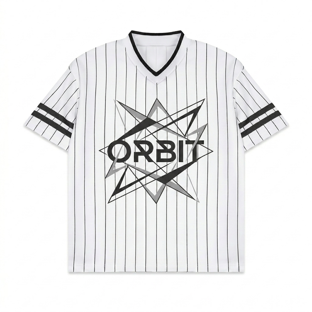 Custom Unisex Striped V-Neck T-Shirt design direction 3: Abstract Geometric Graphic featuring the ORBIT wordmark