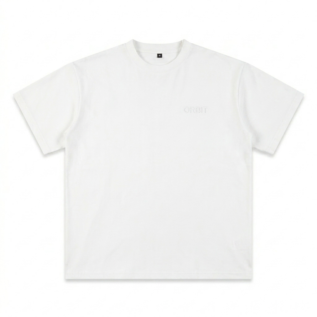 Custom Unisex Sueded Cotton T-Shirt design direction 1: Tonal Minimalist Wordmark featuring the ORBIT wordmark