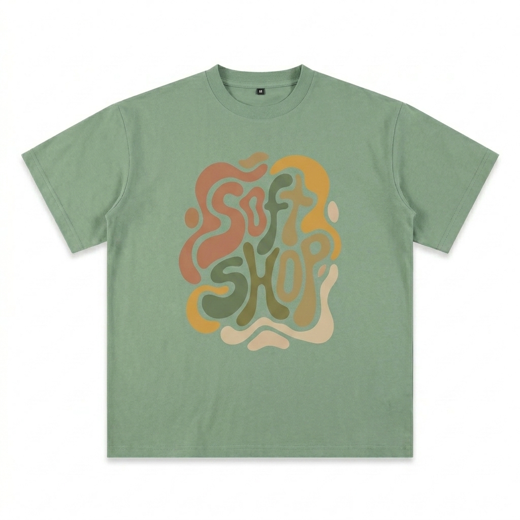 Custom Unisex Sueded Cotton T-Shirt design direction 2: Bold Abstract Graphic featuring the SOFT SHOP wordmark