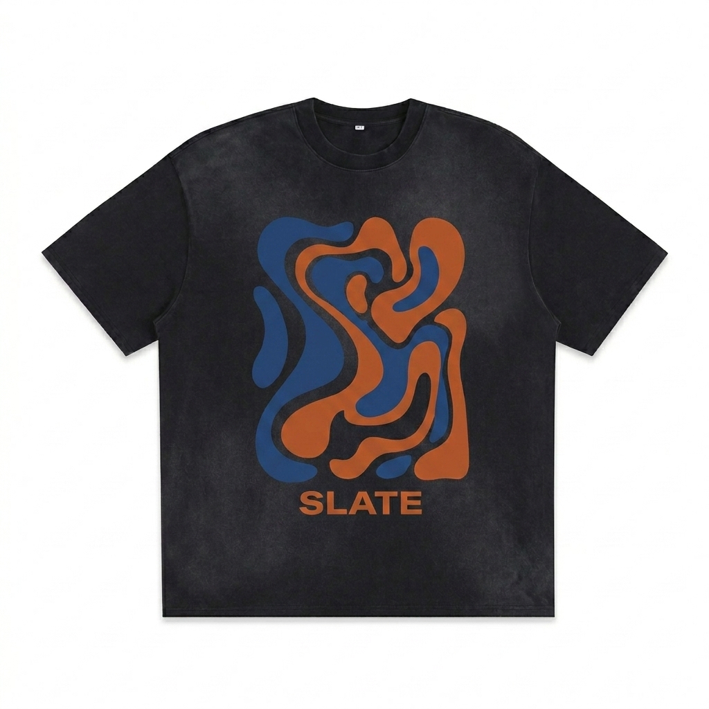 Custom Unisex Sunfaded T-Shirt design direction 2: Bold Abstract Graphic featuring the SLATE wordmark