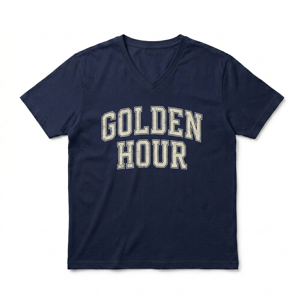 Custom Unisex V-Neck Tee design direction 3: Varsity Lettering featuring the GOLDEN HOUR wordmark