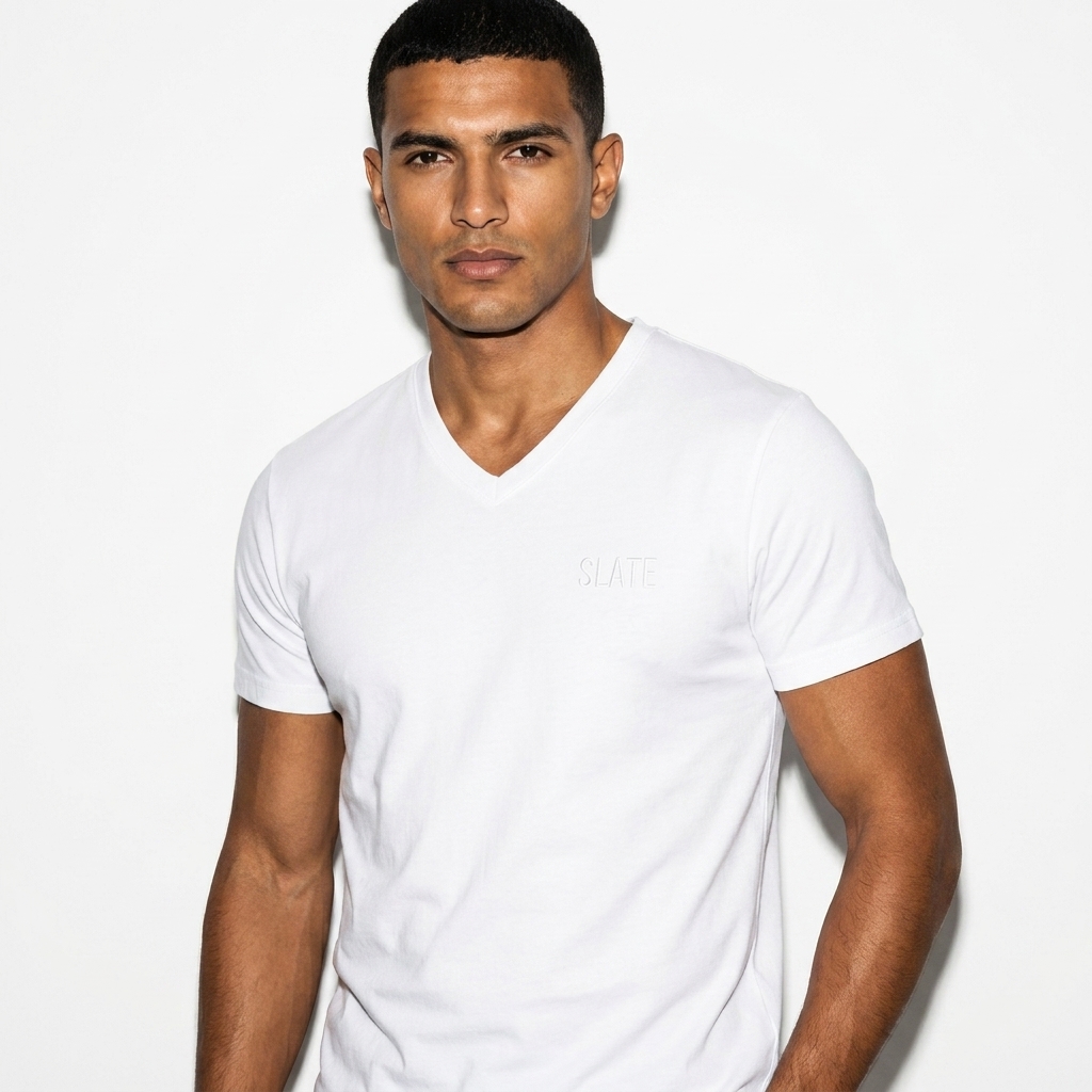 Unisex V-Neck Tee worn by a toned North African male fashion influencer, y2k revival styling, studio lookbook — custom unisex v-neck tee