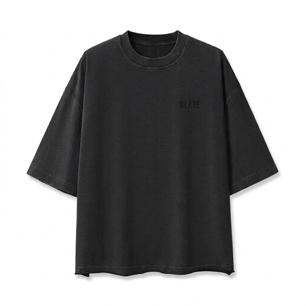 Custom Unisex Vintage Wash Boxy T-Shirt design direction 1: Tonal Minimalist Wordmark featuring the SLATE wordmark