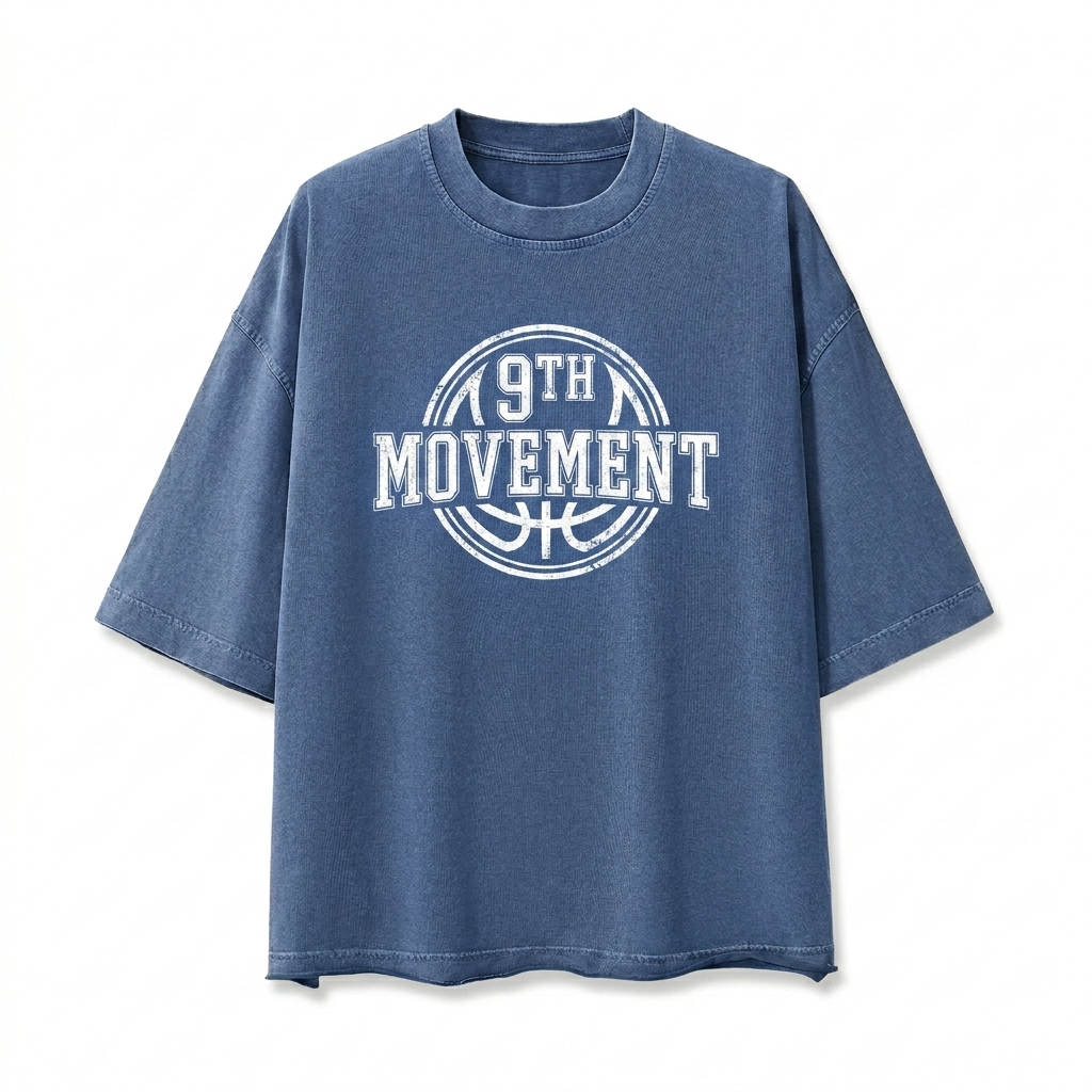 Custom Unisex Vintage Wash Boxy T-Shirt design direction 3: Retro Collegiate Emblem featuring the 9TH MOVEMENT wordmark