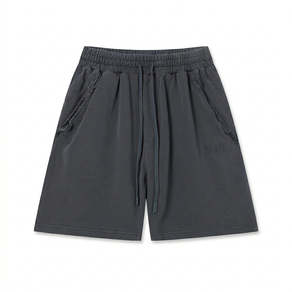 Custom Unisex Vintage Wash Raw Edge Shorts design direction 1: Tonal Minimalist Wordmark featuring the SLATE wordmark