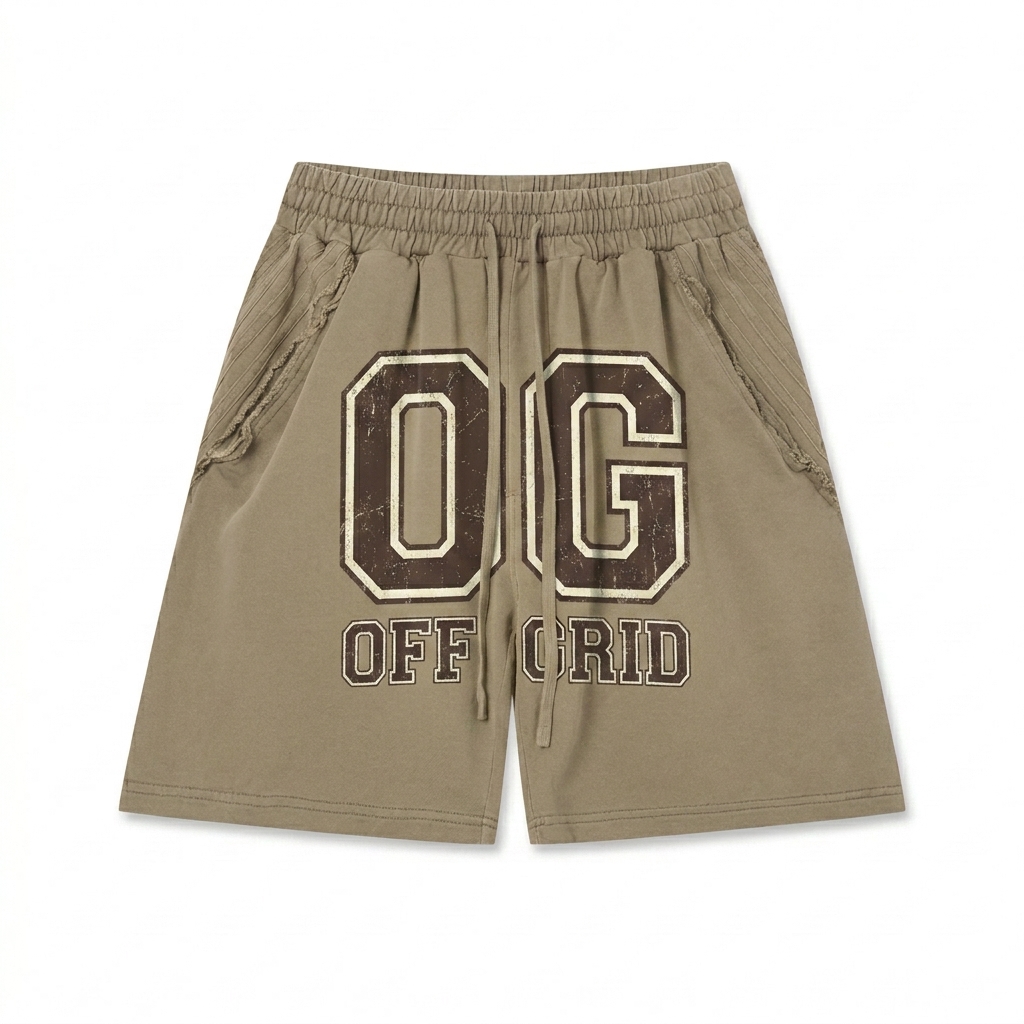 Custom Unisex Vintage Wash Raw Edge Shorts design direction 2: Retro Collegiate Emblem featuring the OFF GRID wordmark