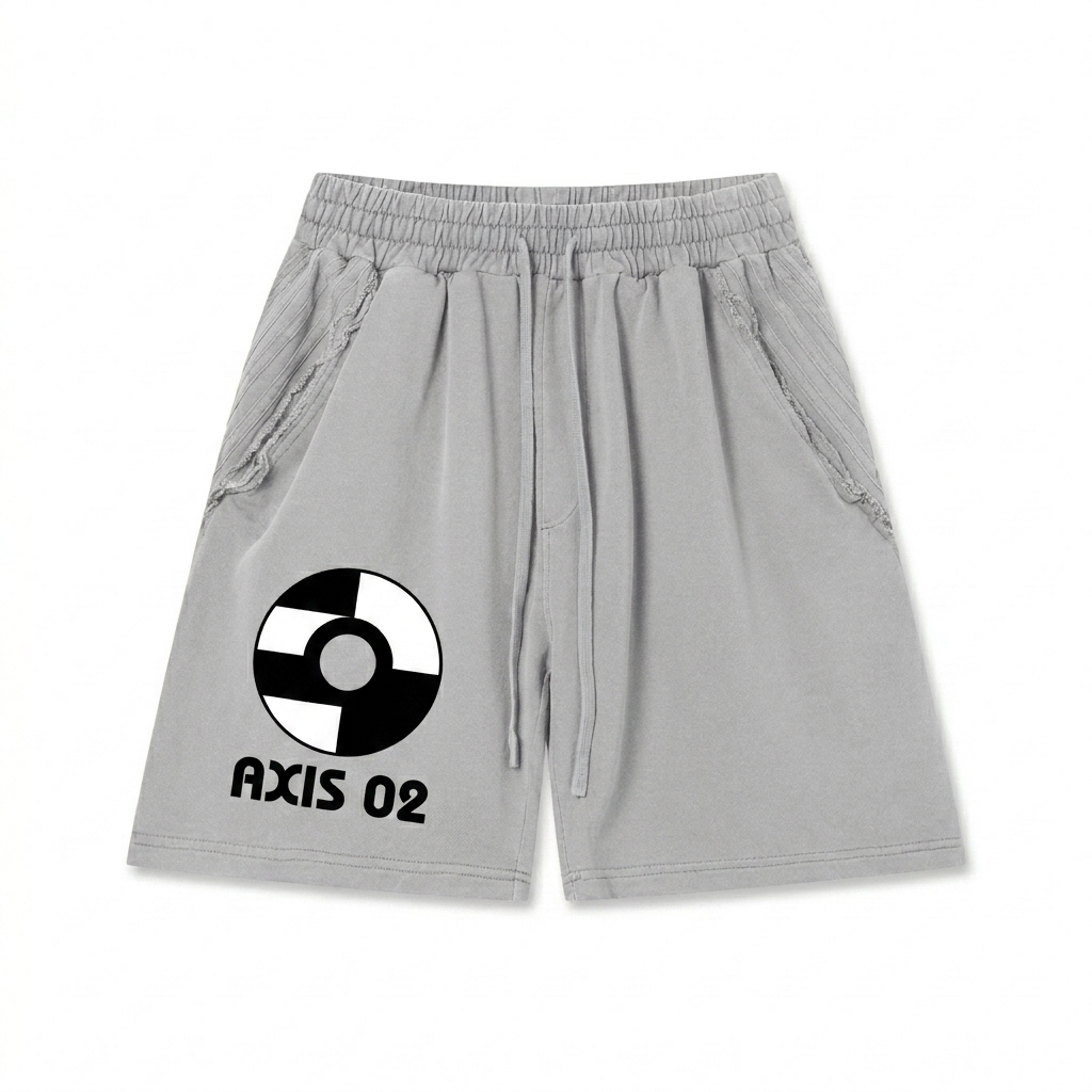 Custom Unisex Vintage Wash Raw Edge Shorts design direction 3: Abstract Geometric Graphic featuring the AXIS 02 wordmark