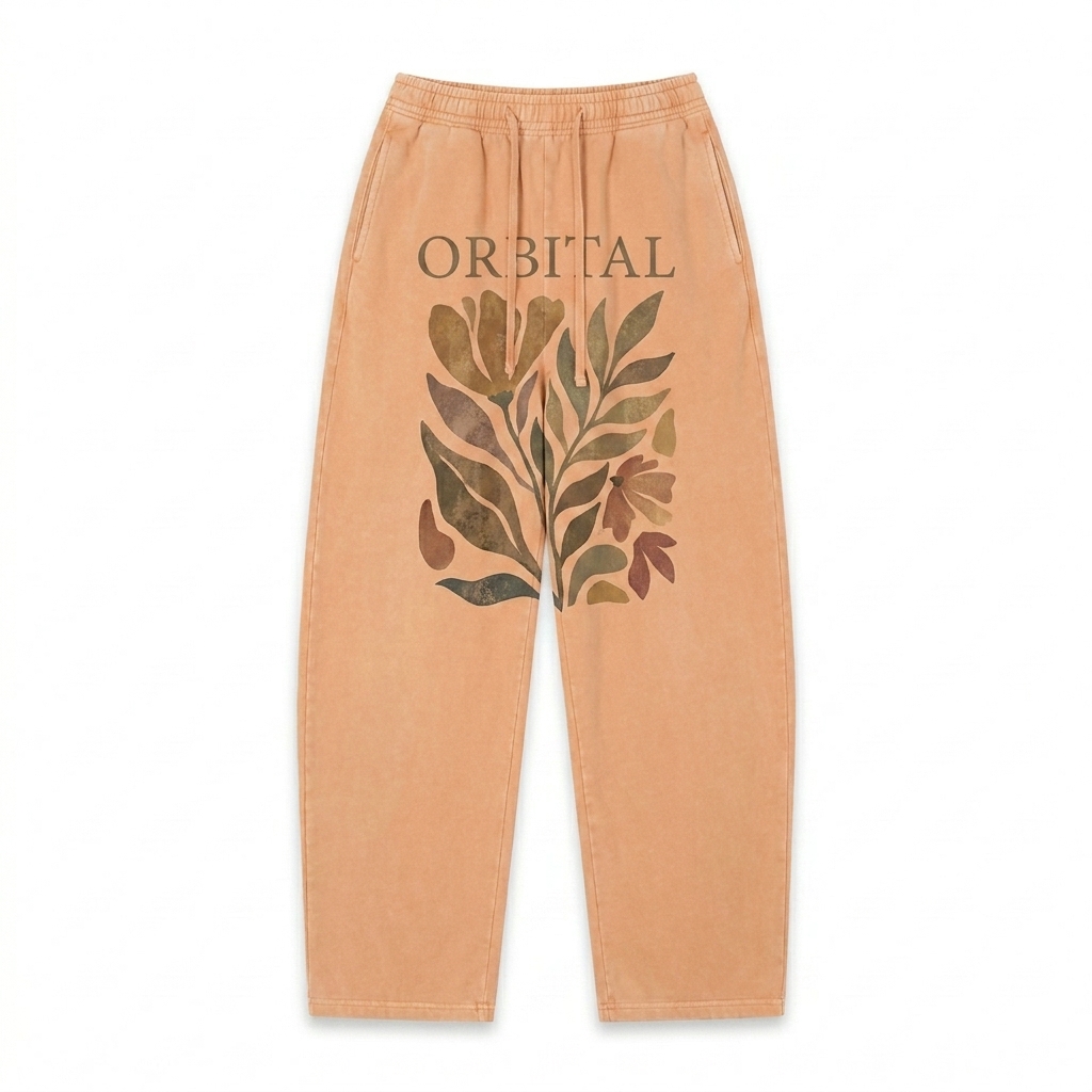 Custom Unisex Vintage Wash Sweatpants design direction 2: Abstract Botanical Graphic featuring the ORBITAL wordmark