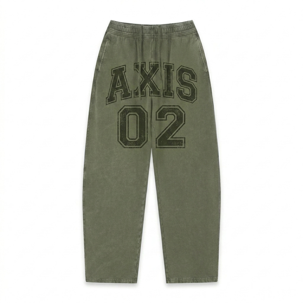 Custom Unisex Vintage Wash Sweatpants design direction 3: Varsity Lettering featuring the AXIS 02 wordmark