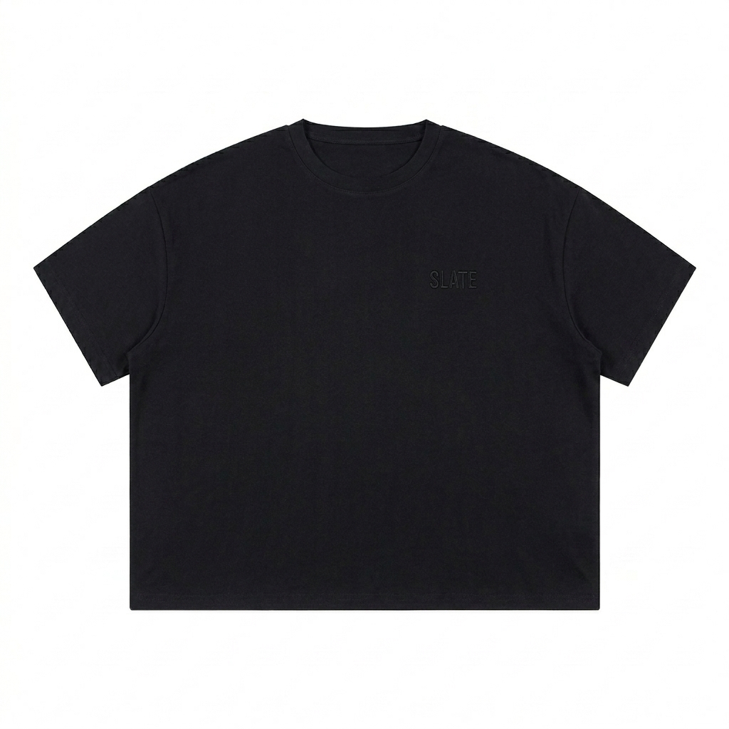 Custom Unisex Waffle Boxy T-Shirt design direction 1: Tonal Minimalist Wordmark featuring the SLATE wordmark