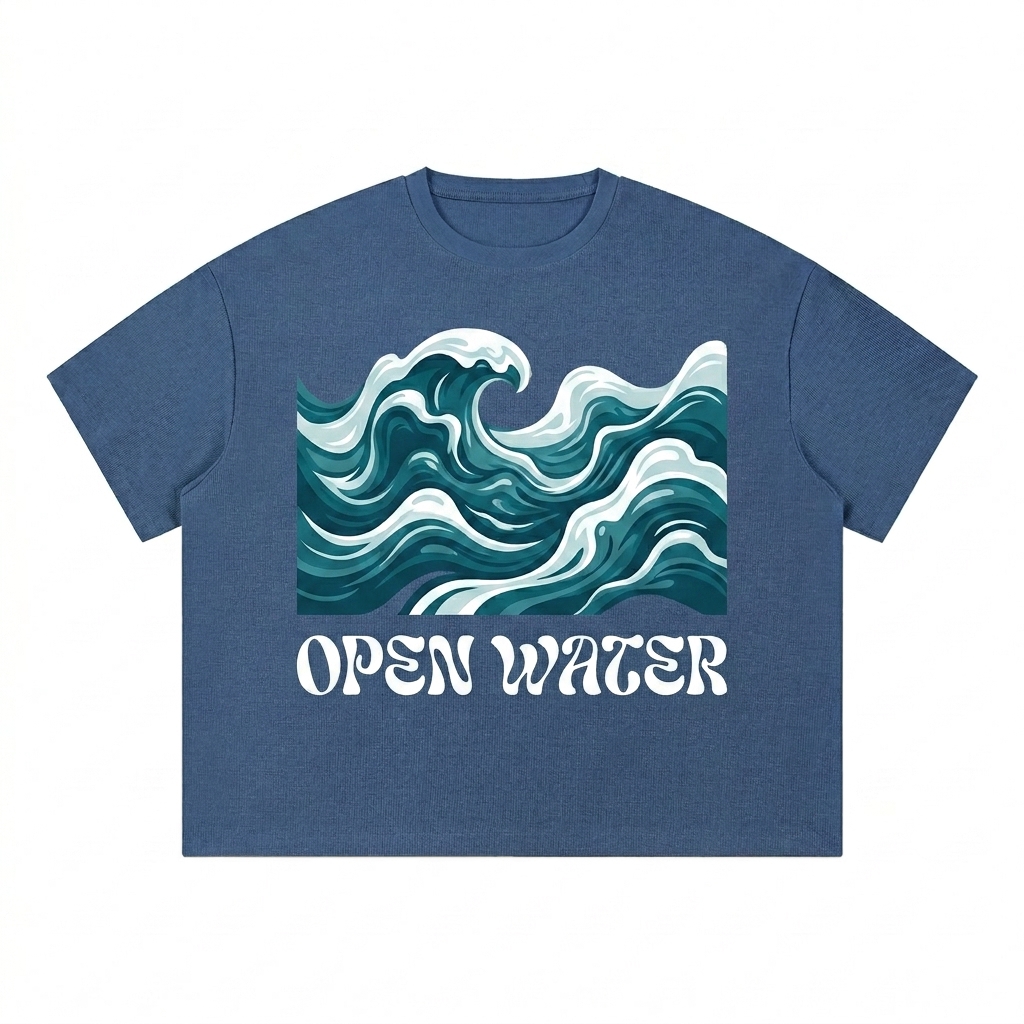 Custom Unisex Waffle Boxy T-Shirt design direction 2: Bold Abstract Graphic featuring the OPEN WATER wordmark