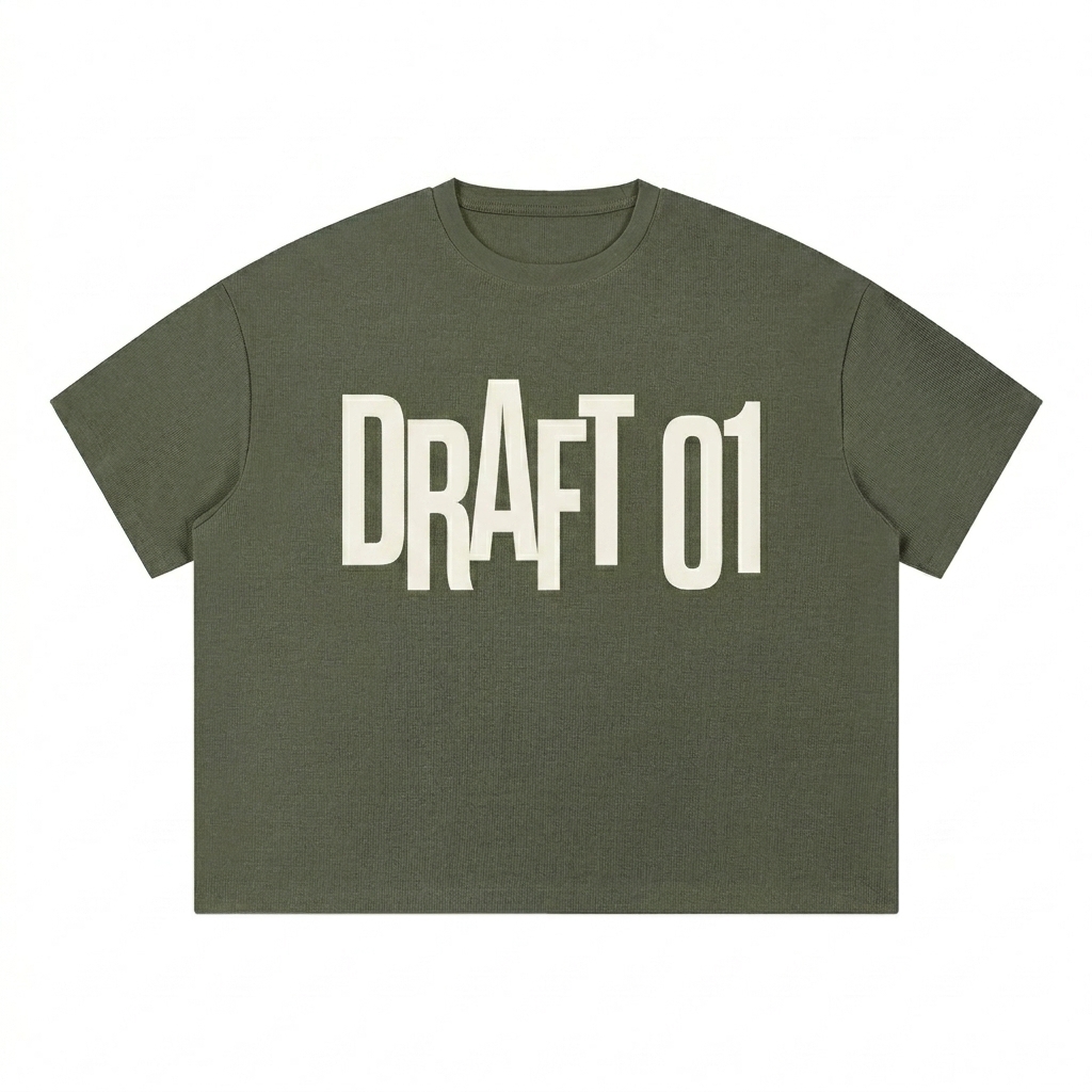 Custom Unisex Waffle Boxy T-Shirt design direction 3: Deconstructed Typography featuring the DRAFT 01 wordmark