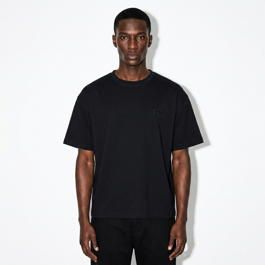 Unisex Waffle Boxy T-Shirt worn by a slim tall Black male fashion influencer, gorpcore outdoor styling, studio lookbook — custom unisex waffle boxy t-shirt