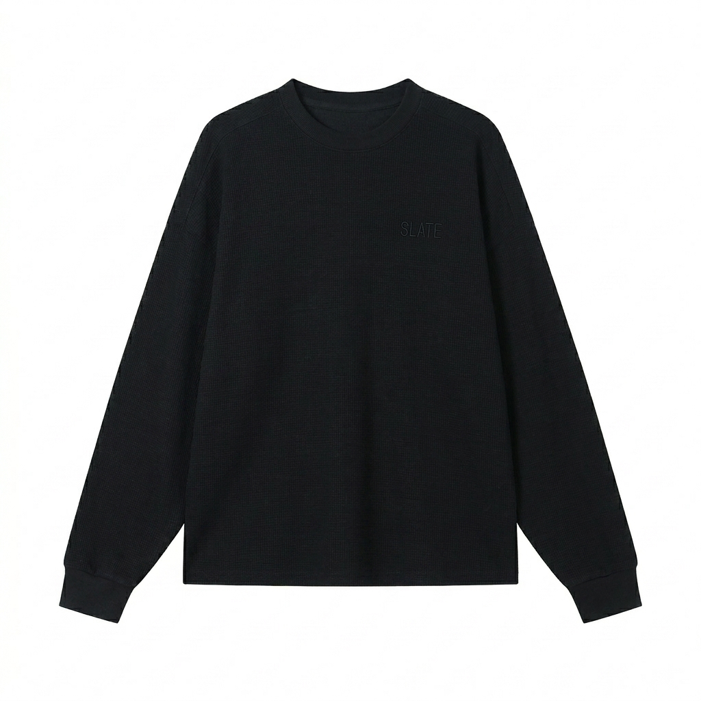 Custom Unisex Waffle Long Sleeve T-Shirt design direction 1: Tonal Minimalist Wordmark featuring the SLATE wordmark