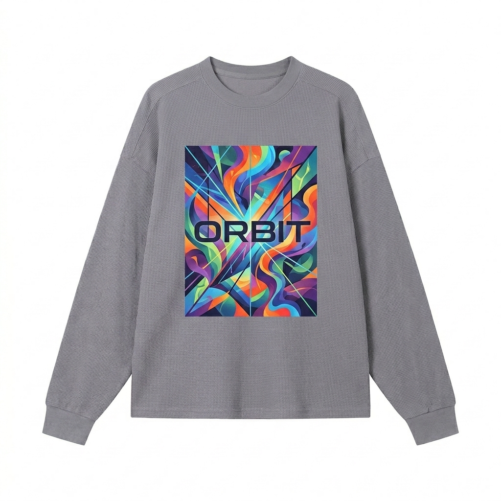 Custom Unisex Waffle Long Sleeve T-Shirt design direction 2: Abstract Graphic Print featuring the ORBIT wordmark