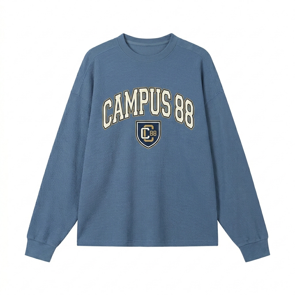 Custom Unisex Waffle Long Sleeve T-Shirt design direction 3: Retro Collegiate Emblem featuring the CAMPUS 88 wordmark