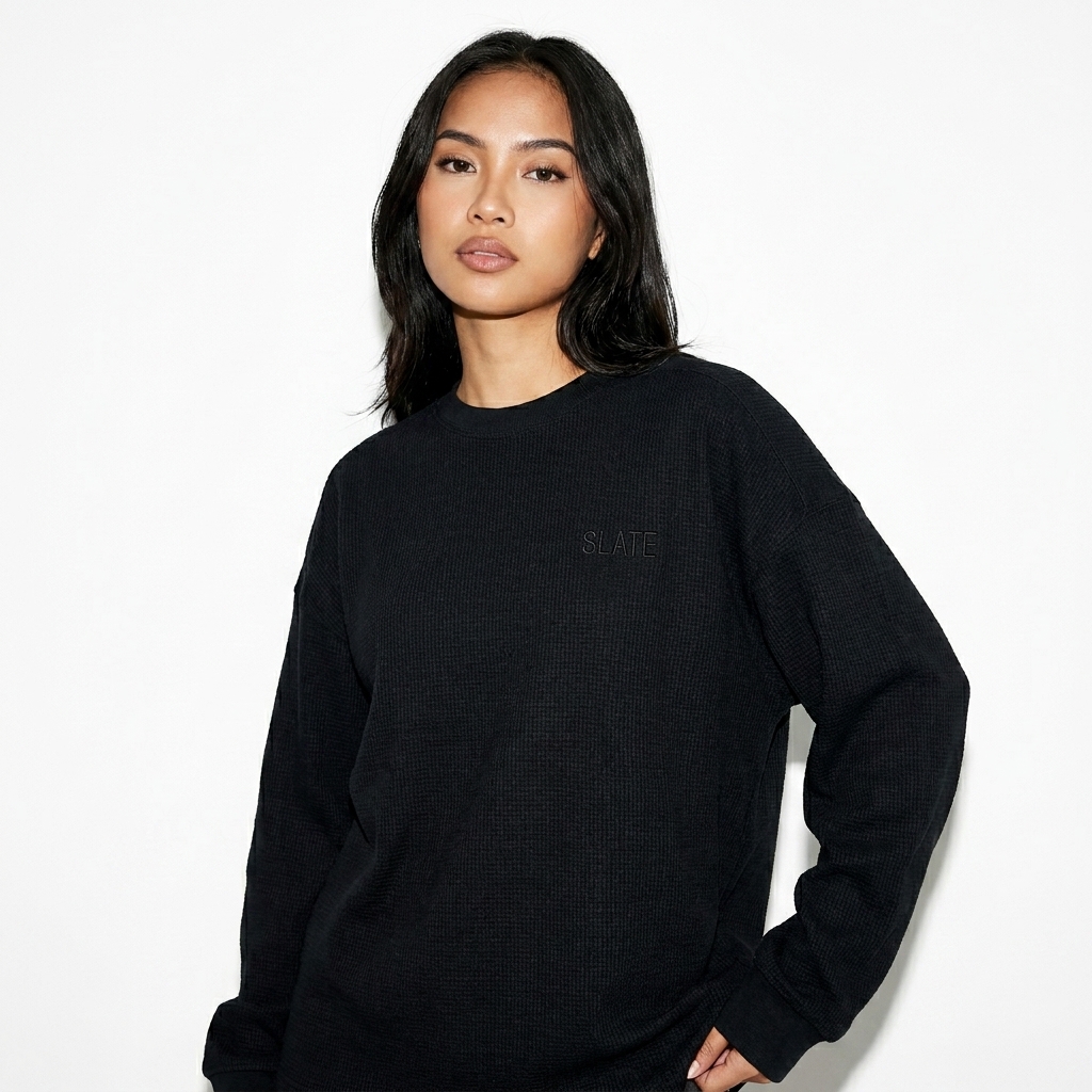 Unisex Waffle Long Sleeve T-Shirt worn by a petite Southeast Asian female fashion influencer, downtown streetwear styling, studio lookbook — custom unisex waffle long sleeve t-shirt