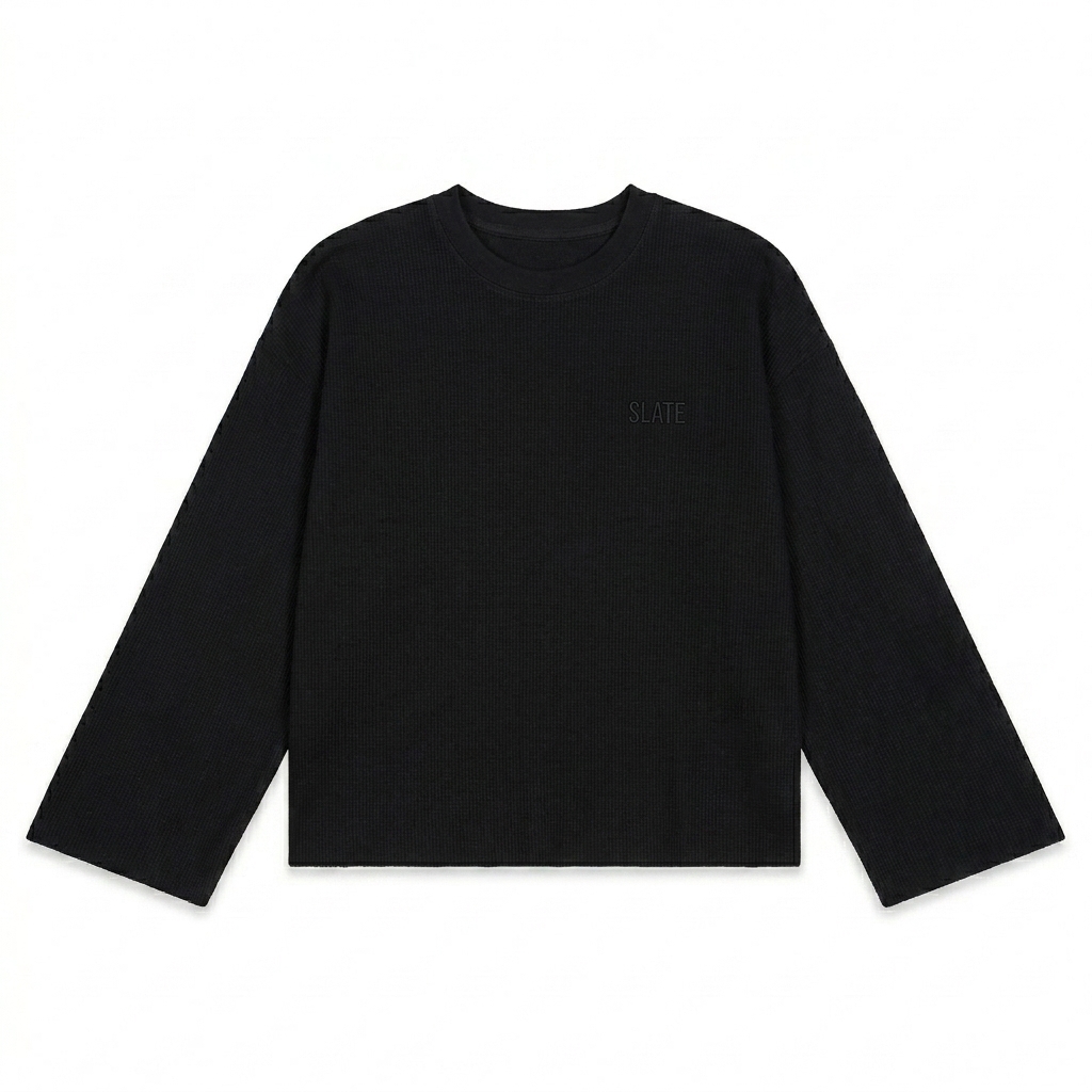 Custom Unisex Waffle Raw Edge Long Sleeve T-Shirt design direction 1: Tonal Minimalist Wordmark featuring the SLATE wordmark