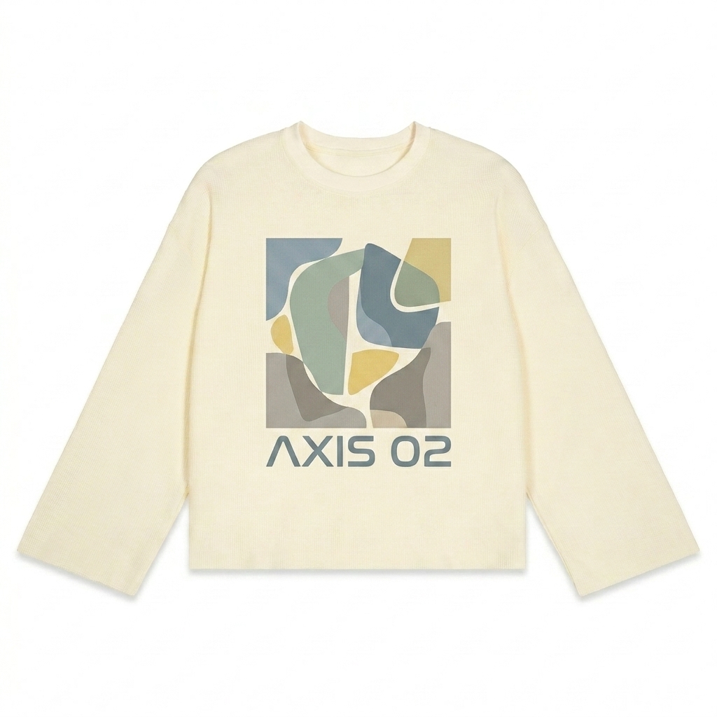 Custom Unisex Waffle Raw Edge Long Sleeve T-Shirt design direction 2: Bold Abstract Graphic featuring the AXIS 02 wordmark