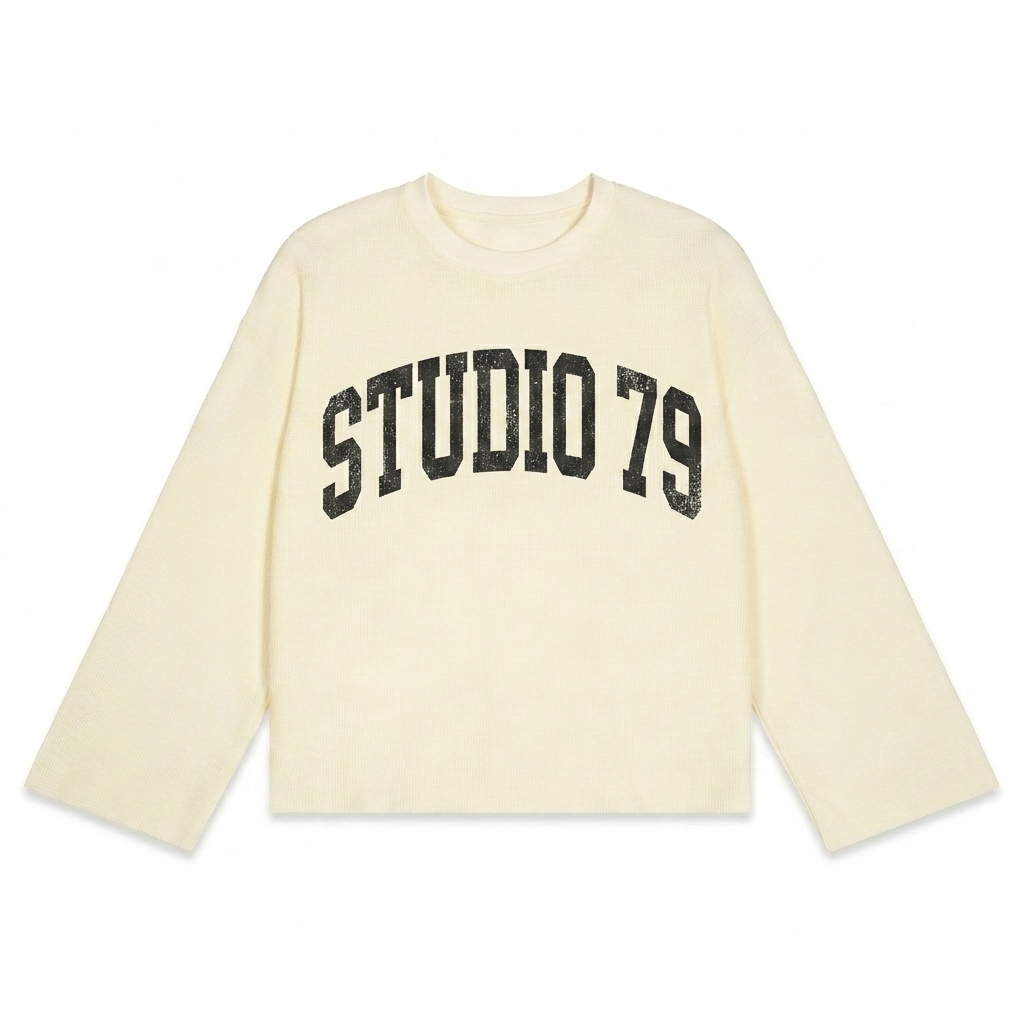 Custom Unisex Waffle Raw Edge Long Sleeve T-Shirt design direction 3: Retro Collegiate Typography featuring the STUDIO 79 wordmark