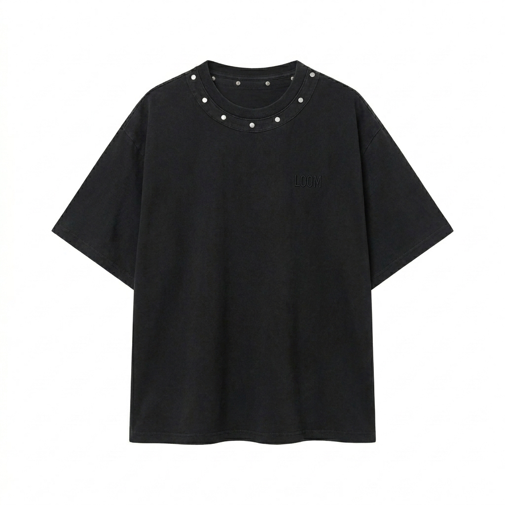 Custom Unisex Washed Boxy Studded T-Shirt design direction 1: Tonal Minimalist Wordmark featuring the LOOM wordmark