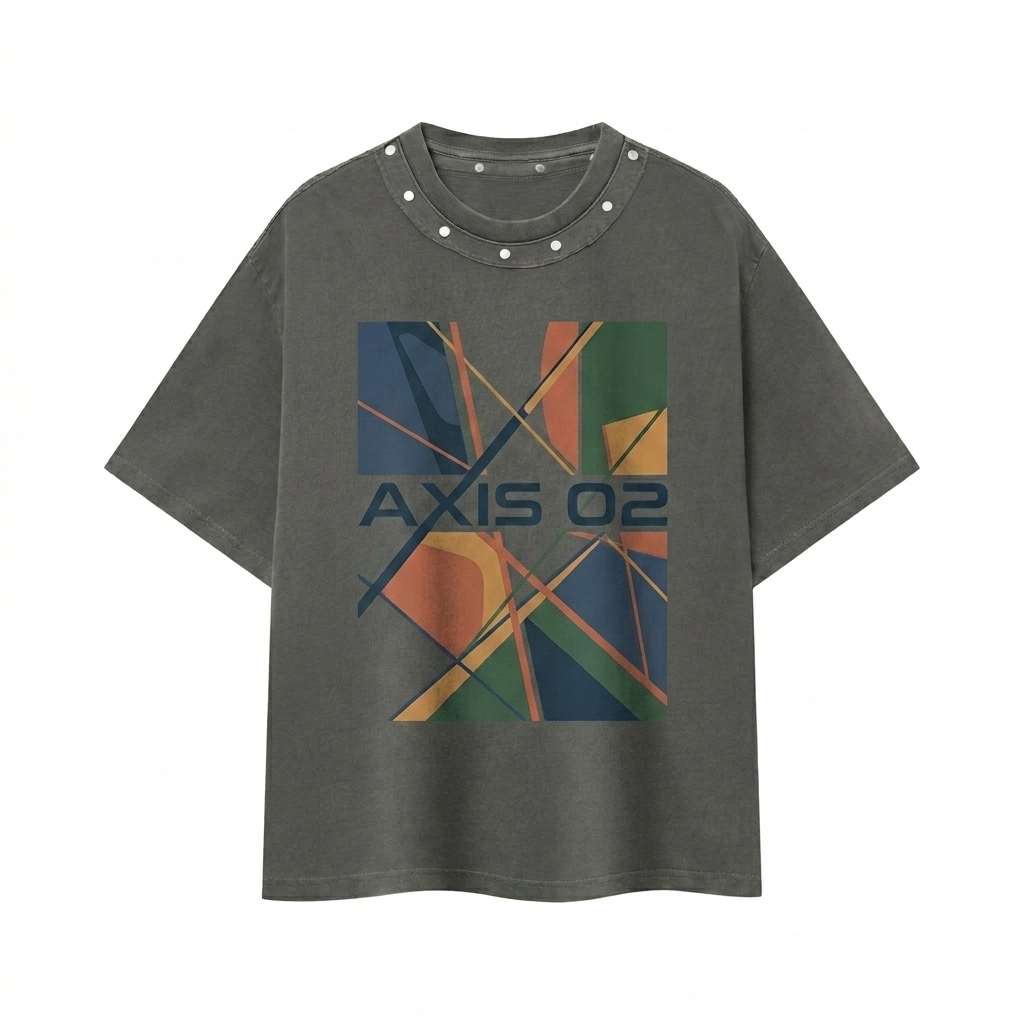 Custom Unisex Washed Boxy Studded T-Shirt design direction 2: Abstract Geometric Graphic featuring the AXIS 02 wordmark