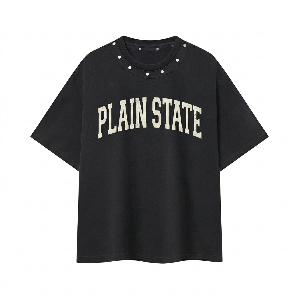 Custom Unisex Washed Boxy Studded T-Shirt design direction 3: Retro Collegiate Emblem featuring the PLAIN STATE wordmark