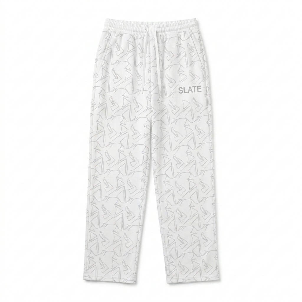 Custom Unisex Wide-Leg All-Over Print Joggers design direction 1: Abstract Geometric Pattern featuring the SLATE wordmark