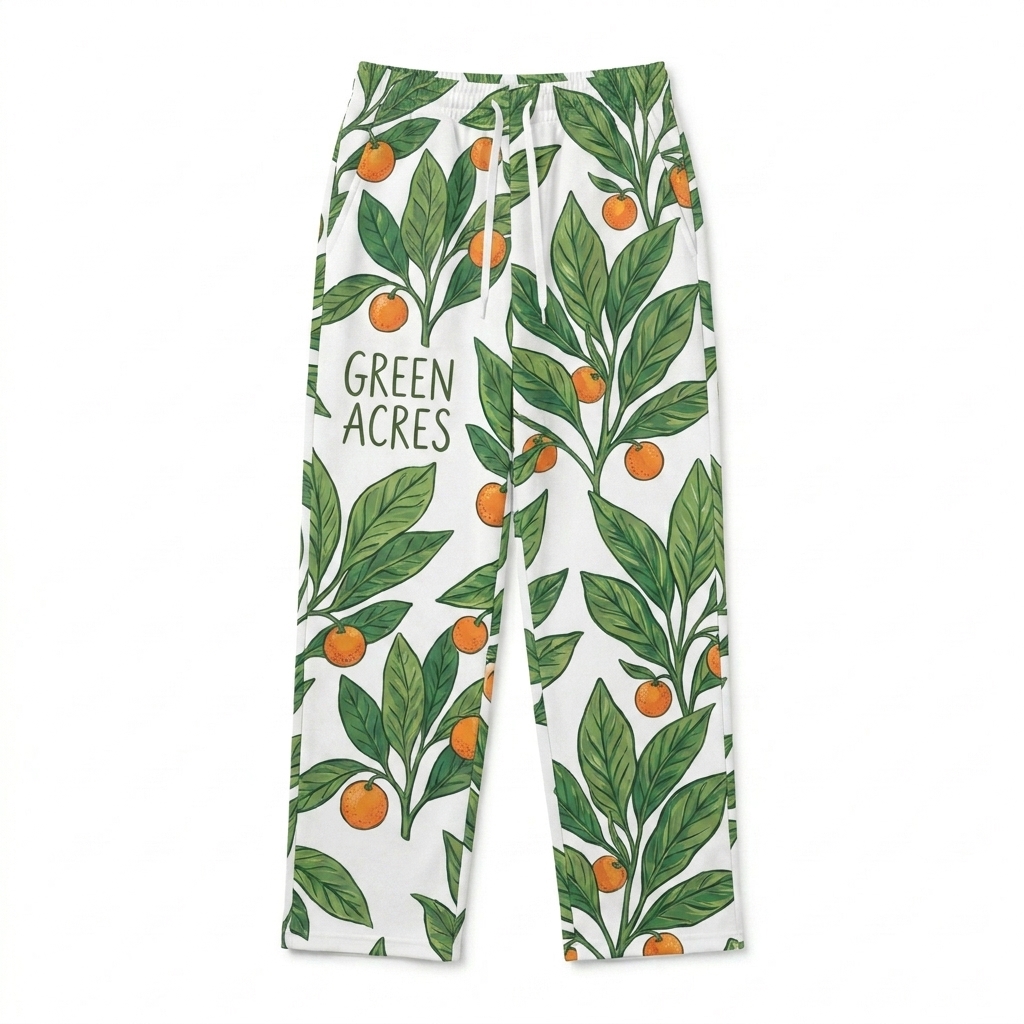 Custom Unisex Wide-Leg All-Over Print Joggers design direction 2: Vibrant Botanical Illustration featuring the GREEN ACRES wordmark