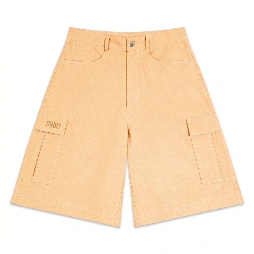 Custom Unisex Woven Cargo Shorts design direction 1: Tonal Minimalist Wordmark featuring the ORBIT wordmark