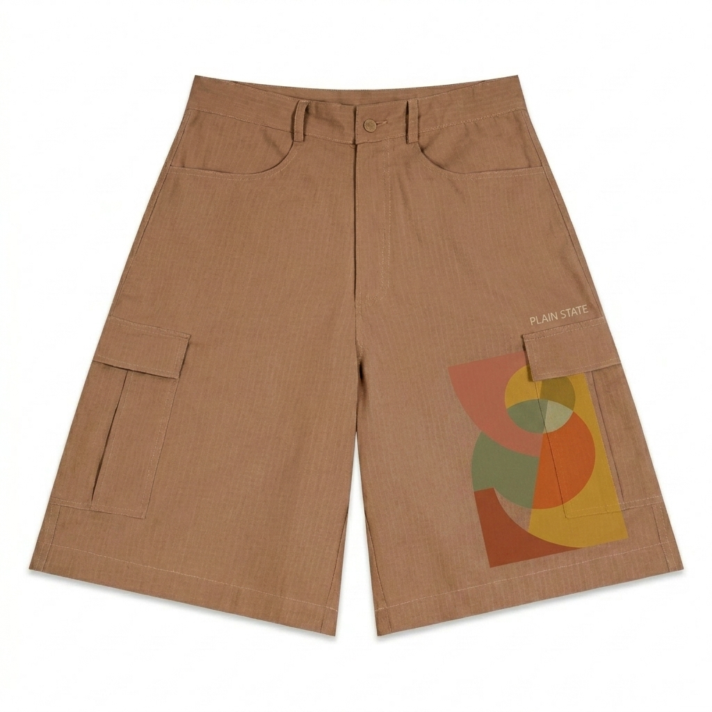 Custom Unisex Woven Cargo Shorts design direction 2: Abstract Geometric Graphic featuring the PLAIN STATE wordmark