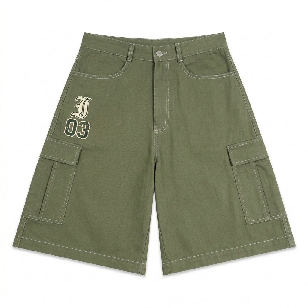 Custom Unisex Woven Cargo Shorts design direction 3: Retro Collegiate Emblem featuring the ISSUE 03 wordmark