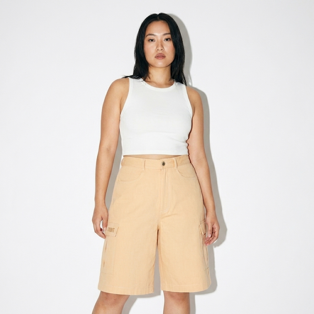 Unisex Woven Cargo Shorts worn by a mid-size Japanese female fashion influencer, preppy ivy styling, studio lookbook — custom unisex woven cargo shorts
