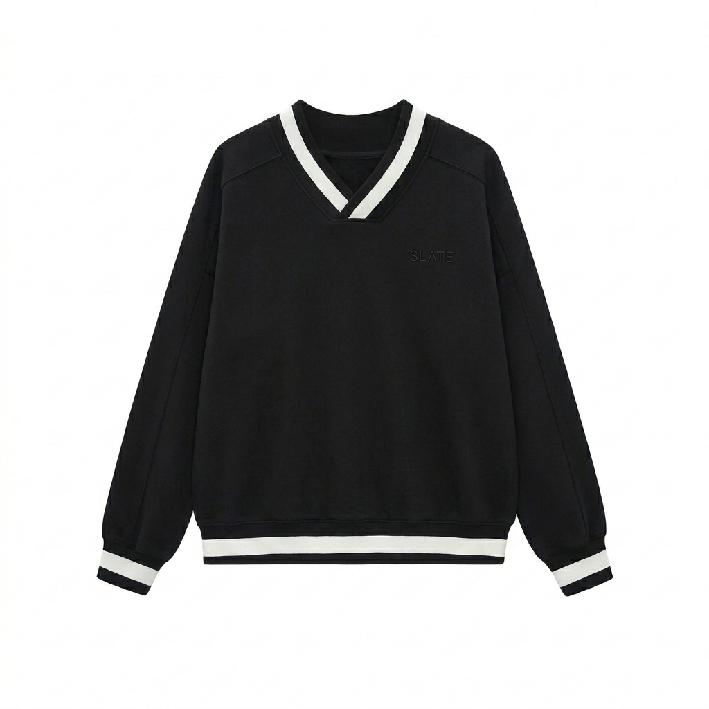 Custom V-Neck Contrast Collar Boxy Sweatshirt design direction 1: Tonal Minimalist Wordmark featuring the SLATE wordmark