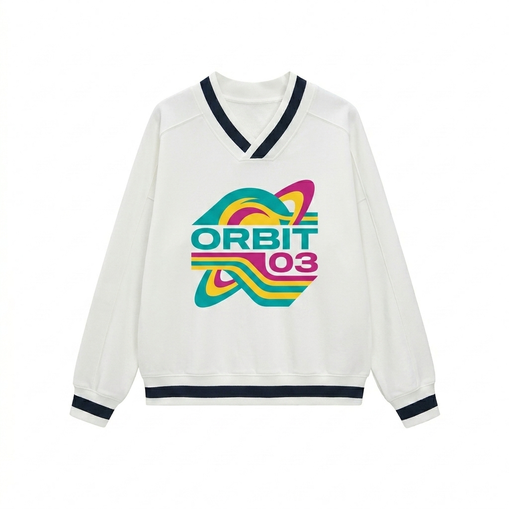 Custom V-Neck Contrast Collar Boxy Sweatshirt design direction 2: Bold Abstract Graphic featuring the ORBIT 03 wordmark