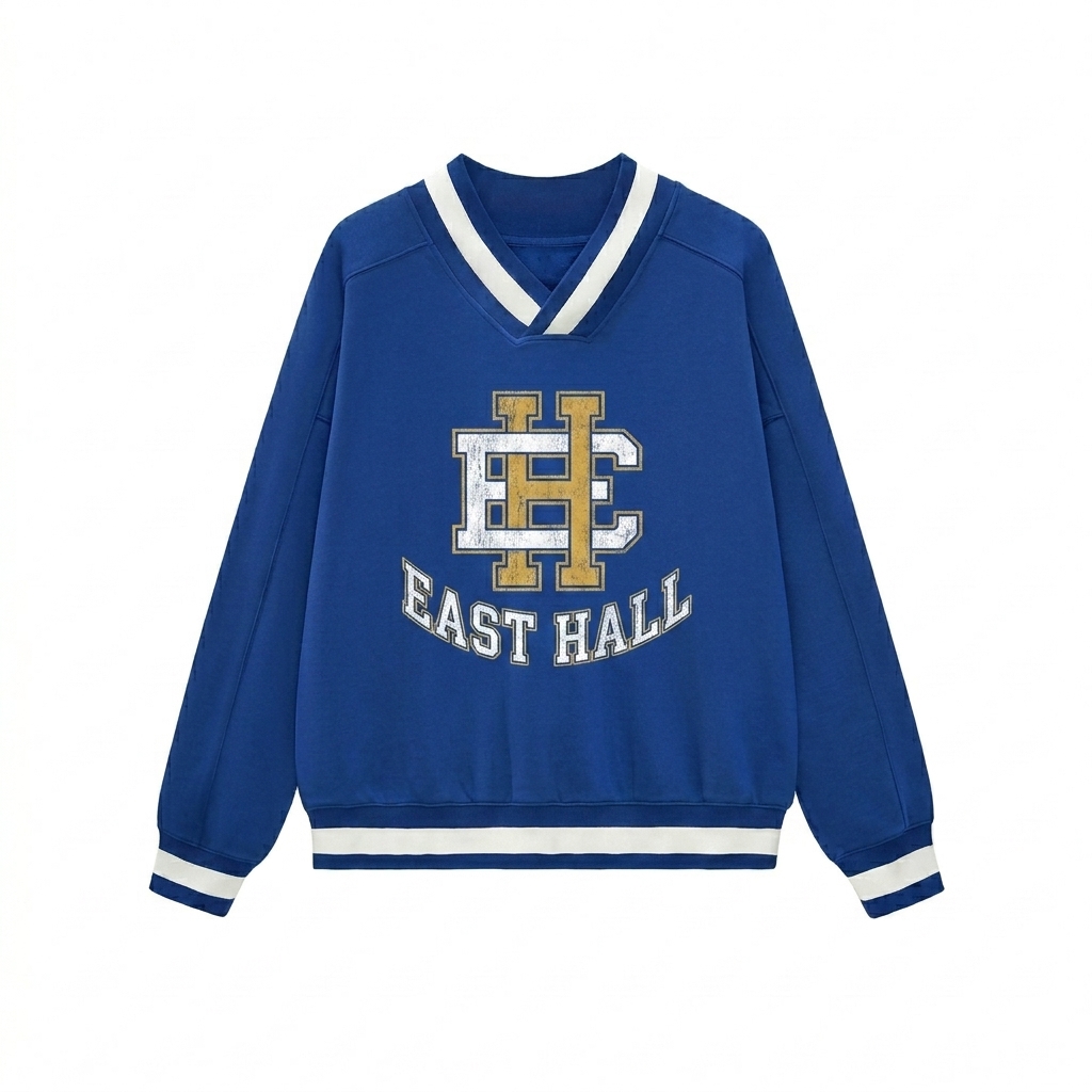 Custom V-Neck Contrast Collar Boxy Sweatshirt design direction 3: Retro Collegiate Emblem featuring the EAST HALL wordmark