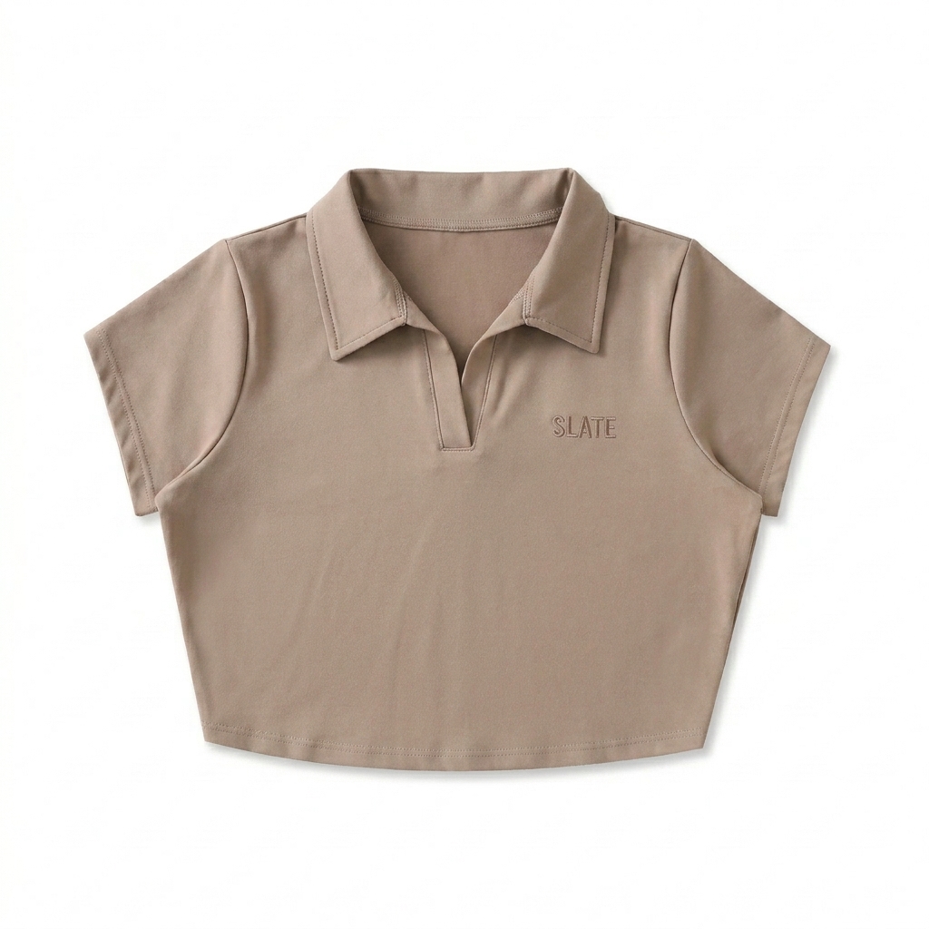 Custom V-Neck Lapel Crop Top design direction 1: Tonal Minimalist Wordmark featuring the SLATE wordmark