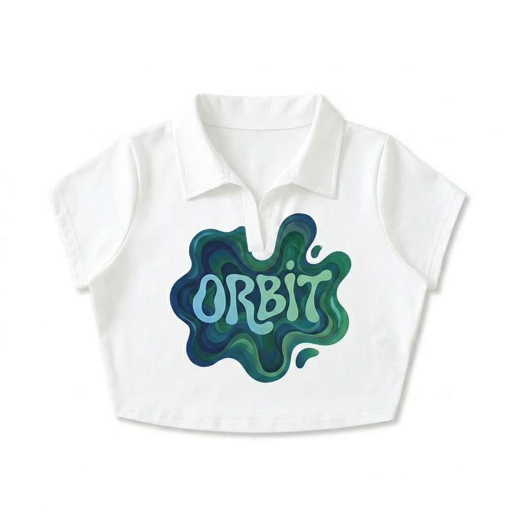 Custom V-Neck Lapel Crop Top design direction 2: Bold Abstract Graphic featuring the ORBIT wordmark