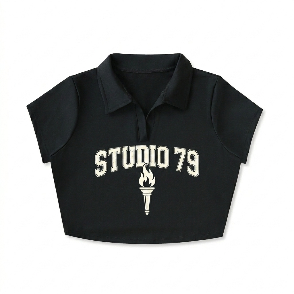 Custom V-Neck Lapel Crop Top design direction 3: Retro Collegiate Emblem featuring the STUDIO 79 wordmark