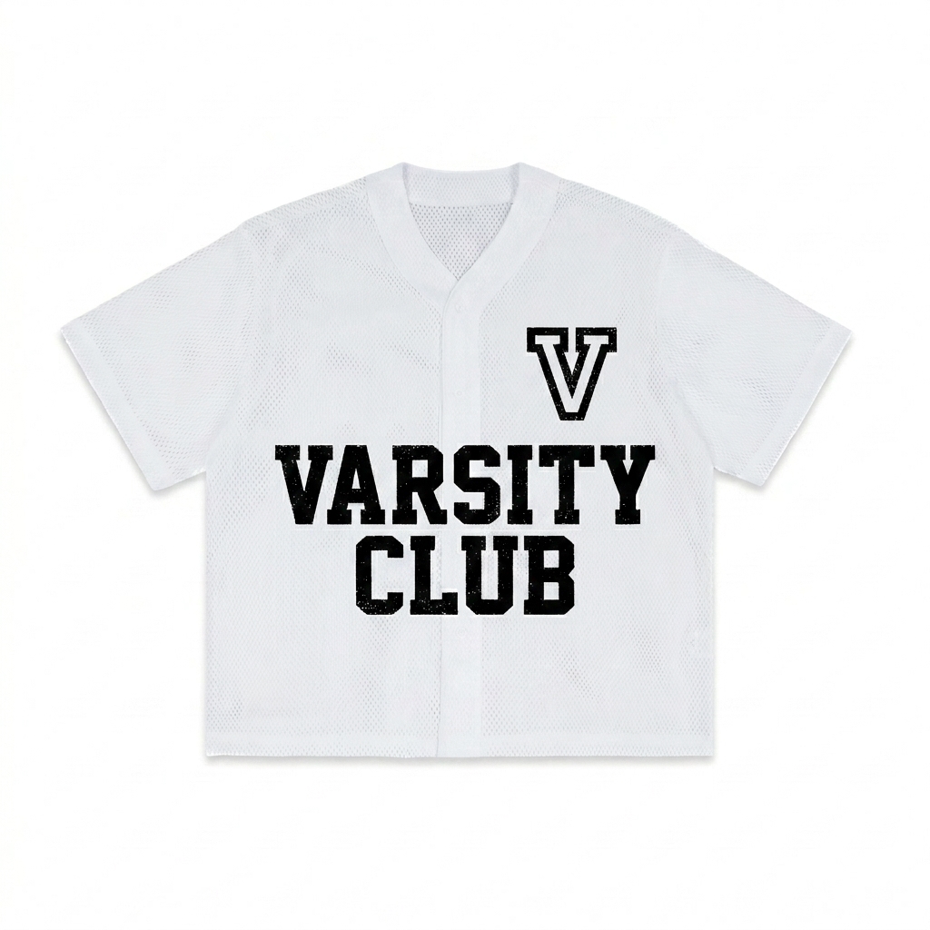 Custom Varsity Button-Up Jersey design direction 2: Retro Collegiate Graphic featuring the VARSITY CLUB wordmark