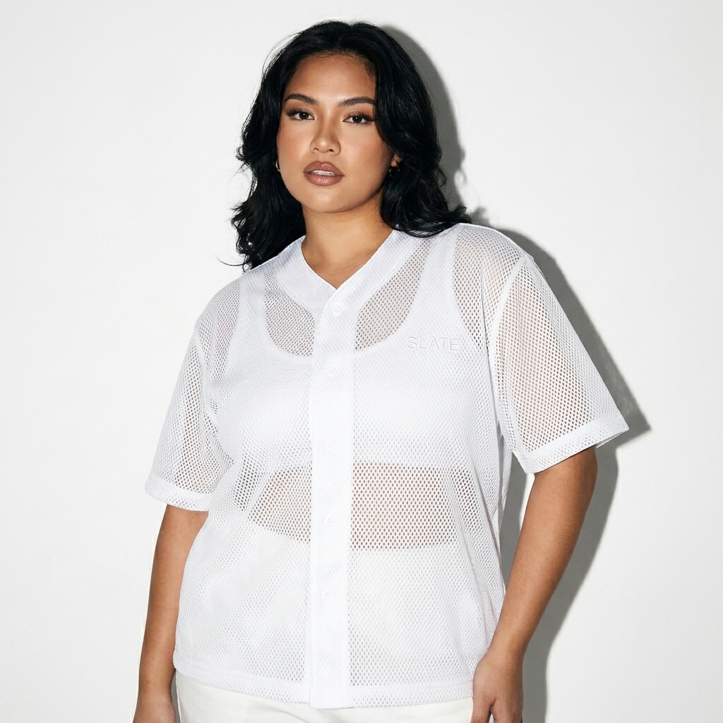 Varsity Button-Up Jersey worn by a curvy Filipino female fashion influencer, techwear modern styling, studio lookbook — custom varsity button-up jersey