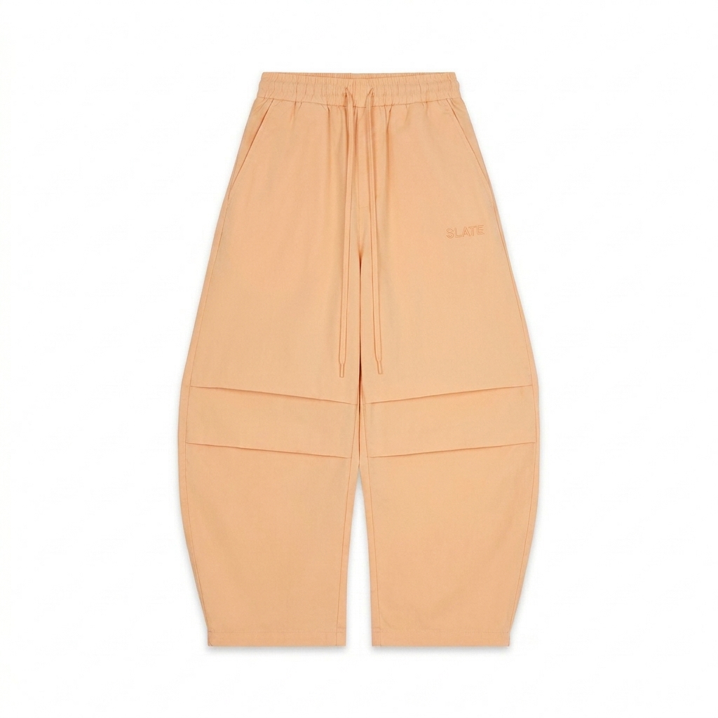 Custom Vertical Stripe Barrel Pants design direction 1: Tonal Minimalist Wordmark featuring the SLATE wordmark