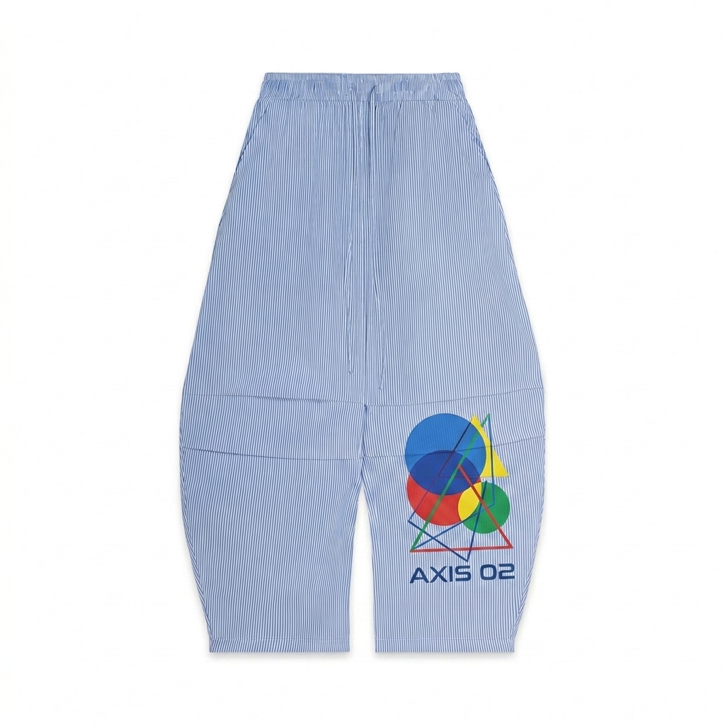Custom Vertical Stripe Barrel Pants design direction 2: Geometric Abstract Graphic featuring the AXIS 02 wordmark