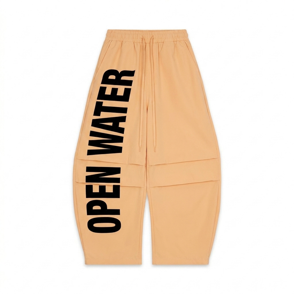 Custom Vertical Stripe Barrel Pants design direction 3: Distorted Typography Experiment featuring the OPEN WATER wordmark