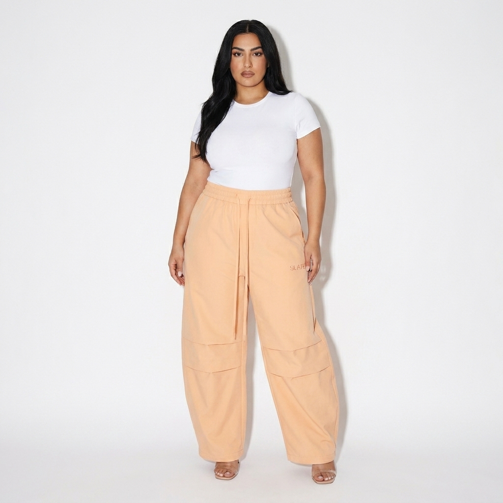 Vertical Stripe Barrel Pants worn by a curvy Persian female fashion influencer, techwear modern styling, studio lookbook — custom vertical stripe barrel pants