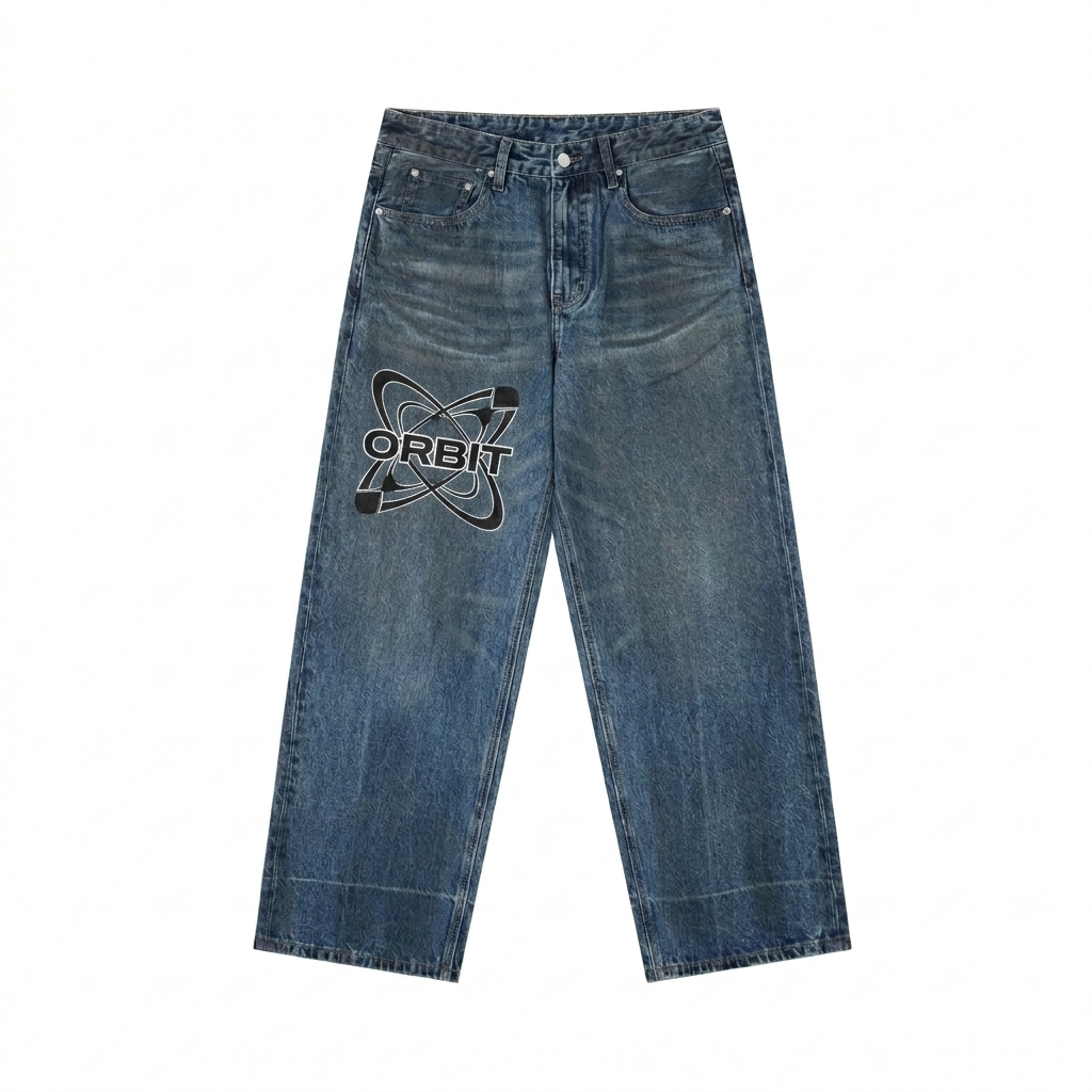 Custom Vintage Wash Baggy Denim Jeans design direction 2: Abstract Graphic Print featuring the ORBIT wordmark