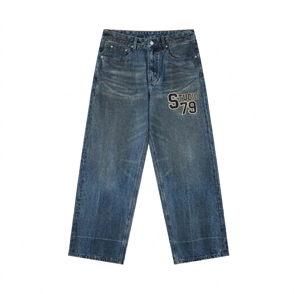 Custom Vintage Wash Baggy Denim Jeans design direction 3: Retro Collegiate Patch featuring the STUDIO 79 wordmark